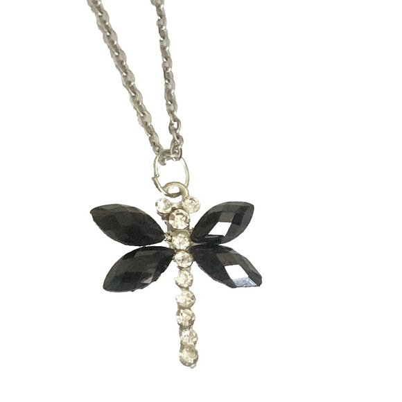 Vintage Dragonfly Necklace Insect Crystal Silver Plated Black Cord Stainless 18" - Picture 3 of 10
